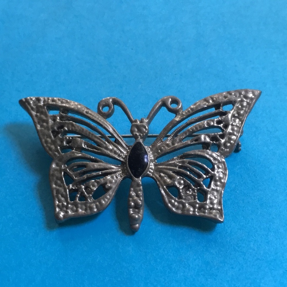 Figural Butterfly Brooch Silver Tone Filigree Wings Black Enamel Body Vtg
